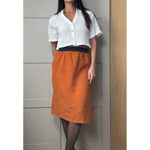 Acoté Orange Double Gauze Cotton Midi Skirt Striped Elastic Waist Size 0